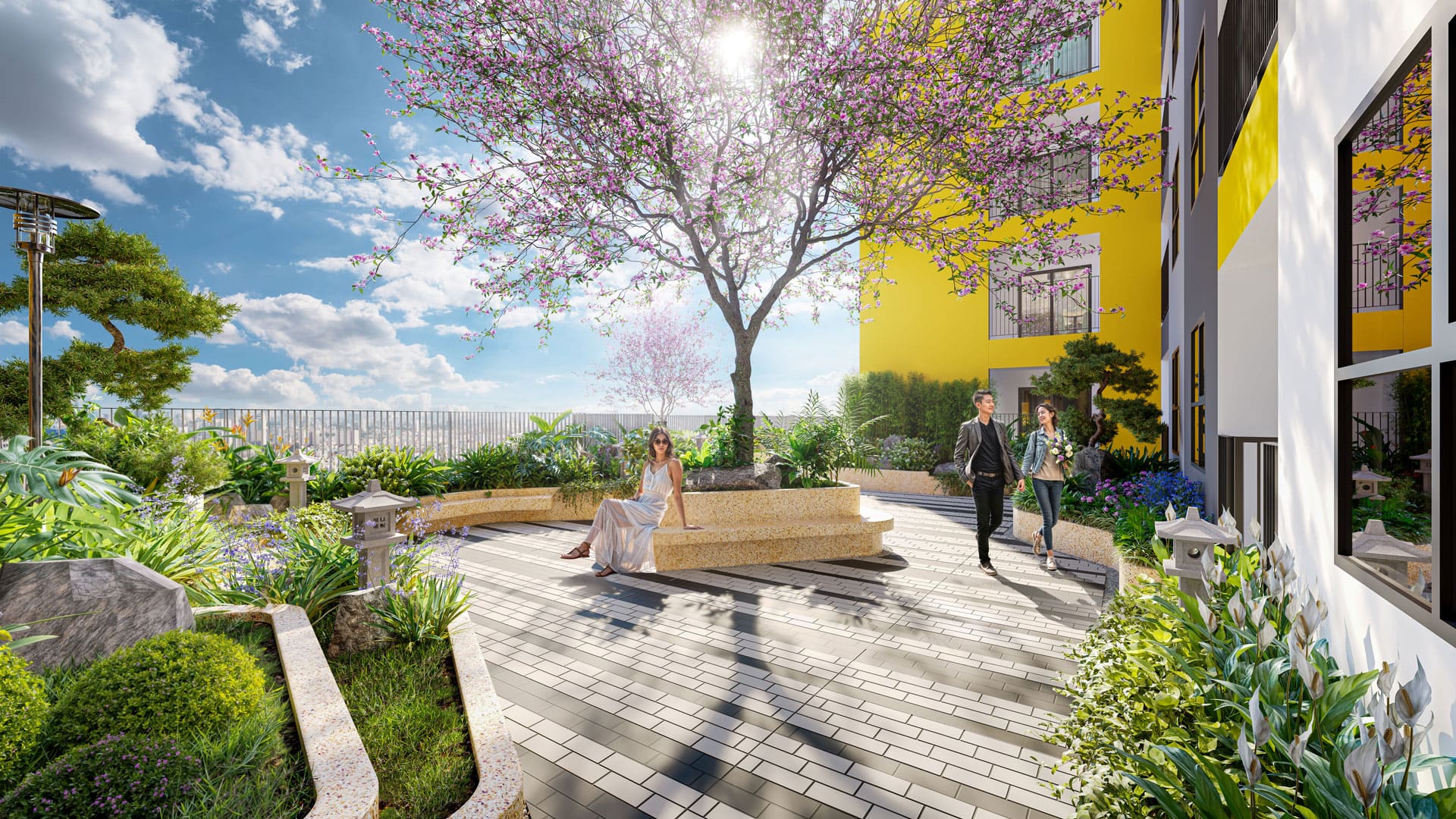 Vườn trên không Bcons New Sky được thiết kế tinh tế với cây xanh, lối dạo bộ và khu ghế nghỉ, tạo nên không gian thư giãn lý tưởng cho cư dân mỗi ngày.